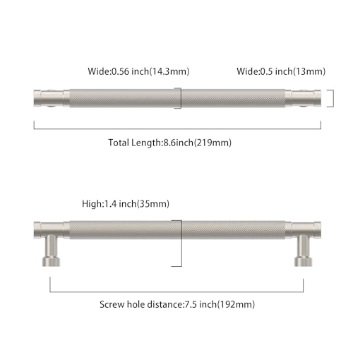 Brushed Nickel Knurled Cabinet Handles Kitchen Pulls 7.5 Inch 10 Pack - color: Brushed Satin Nickel, size: 7.5" Hole Center