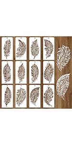 12 Pcs Painting Stencils, 12 Styles Feathers Pattern Stencil Templates Reusable Craft Templates for Painting on Wall Decor Fabric Wood Canvas - style: Feathers