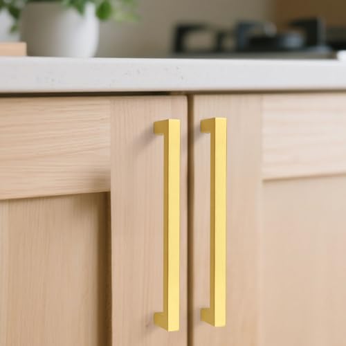 KNOBWELL 6Pack 7-9/16 Inch Brushed Gold Cabinet Pulls Stainless Steel Kitchen Cabinet Handles Square Drawer Pulls Modern Cabinet Hardware Handles,192mm Hole Centers - color: Brushed Gold, size: Hole Center:7-9/16 inch(192mm)