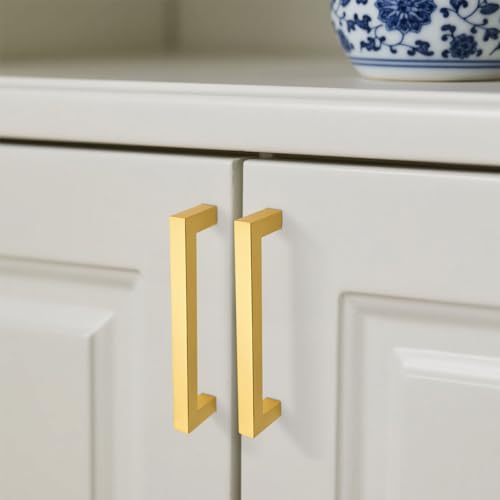 KNOBWELL 6Pack 5 Inch Brushed Gold Cabinet Pulls Stainless Steel Kitchen Cabinet Handles Square Drawer Pulls Modern Cabinet Hardware Handles,128mm Hole Centers - color: Brushed Gold, size: Hole Center:5 inch(128mm)