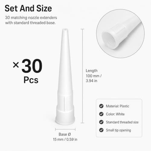 QWORK 30 Pcs Caulk Nozzle Tips Replacement – Plastic Caulking Gun Extender for Windows, Doors & Floor Tiles – Threaded Sealant Applicator Spout for Sausage Caulk Guns, White