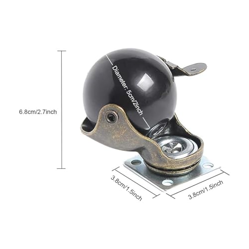 2 Inch Antique Brass Ball Casters with Brake - Set of 4 Heavy-Duty Swivel Plate Casters, Vintage Furniture Wheels for Sofa, Cabinet, Kitchen Cart