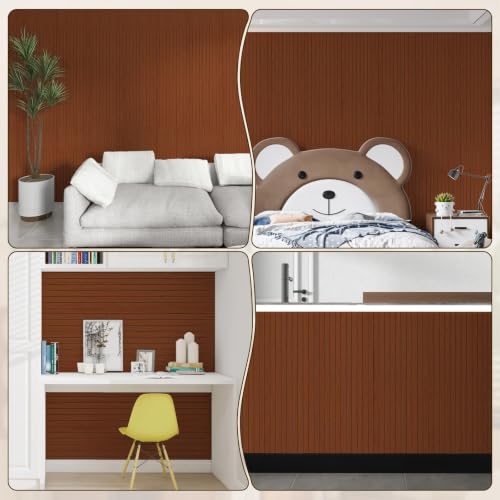 Yun-aeon Peel and Stick Slat Wall Panel 15.75"X118" PVC Self-Adhesive Thick Medium Walnut Wood Grain Wallpaper Panel 3D Soundproof Wall Panels for Walls - color: Walnut 15.7*118in
