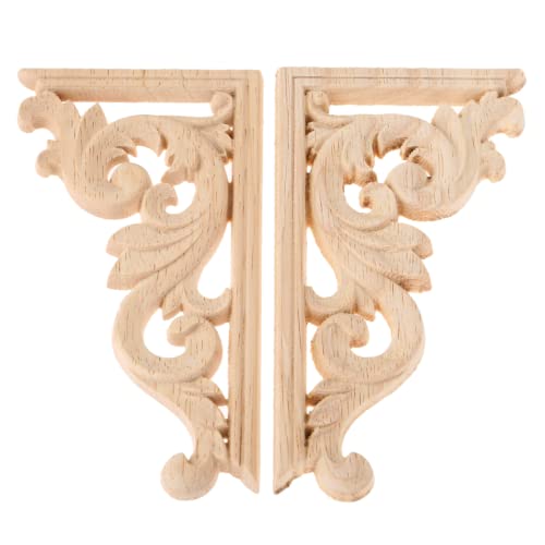 Wood Carved Appliques Onlay, 1 Pair Unpainted Retro Wooden Carvings Decal - color: 1-pair, size: 5.1L" x 2.7W"