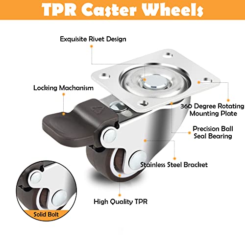 HOWDIA 1.5" Caster Wheels Low Profile Casters Set of 4 Heavy Duty, 360 Degree Rotation Furniture Casters Top Plate Soft Rubber Wheels for Furniture, 150 Lb Total Capacity(2 with Brakes & 2 Without) - style: 1.5" Square