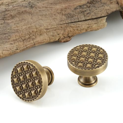 2 Pack Cabinet Knobs, Solid Brass, Studded Motifs Drawer Knobs, Brushed Antique Brass Cabinet Knobs for Kitchen, Bathroom, and Furniture - size: Knob-C