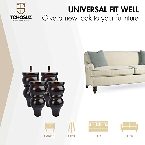 6 inch Solid Wood Furniture Turned Legs with M8 Bolts 4PCS Black - color: Black
