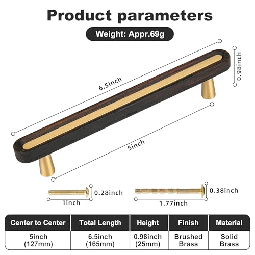 SALISENG-5 Pack Wooden Kitchen Cabinet Pulls,5 Inch Brass Dresser Drawer Handles, Modern Furniture Pulls for Cupboard Wardrobe Closet Cabinet Hardware - size: 5 Inch Hole Centers