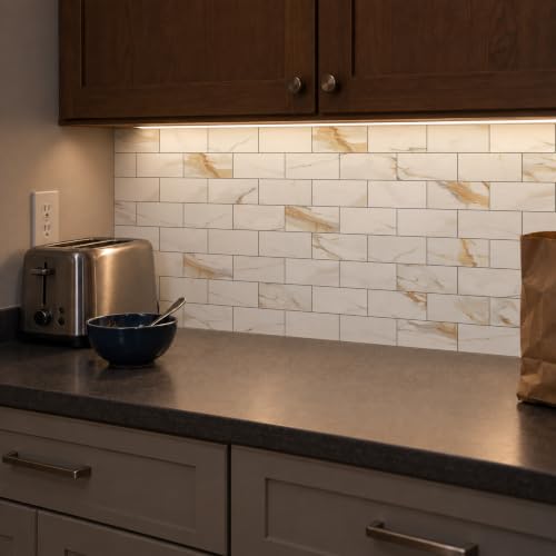 StyloVue 100 Pieces Peel and Stick Backsplash for Kitchen, 3" x 6" PVC Subway Tile Upgraded Calacatta Gold with Dark Gray Grout Backsplash Stick on Tile Elevate Kitchen, Bathroom, Fireplace,RV - color: Calacatta Gold