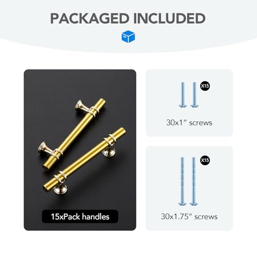 HOME EDIT Gold Cabinet Handles, T-Bar 3-3/4 Inch, 15 Pack - color: Brushed Brass, size: 3-3/4 Inch Hole Center