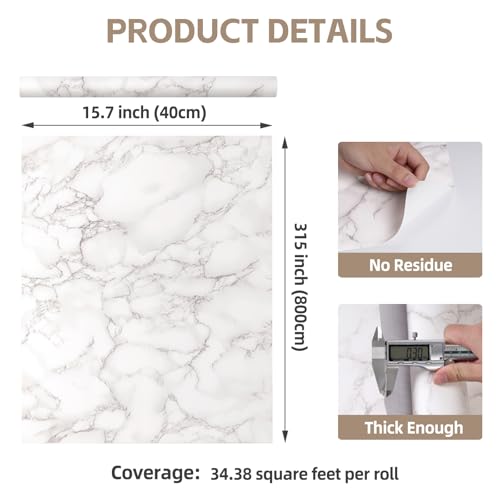 White and Grey Marble Contact Paper Thick 15.7''x315'' - size: 15.7" x 315"