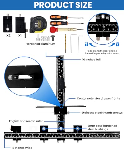 New Cabinet Hardware Jig Tool Set - Aluminum Alloy Cabinet Handle Jig – With Automatic Center Punch, Cabinet Jig 14-Piece - Adjustable Drill Guide for Cabinet Installing/Drawer Knobs - Door Pulls - color: Black