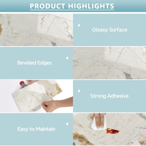 Vamos Tile Peel & Stick Backsplash on Subway Tile,22-Pack 6''x12'',Glossy - color: Gold Veining Pandora Marble with White Grout