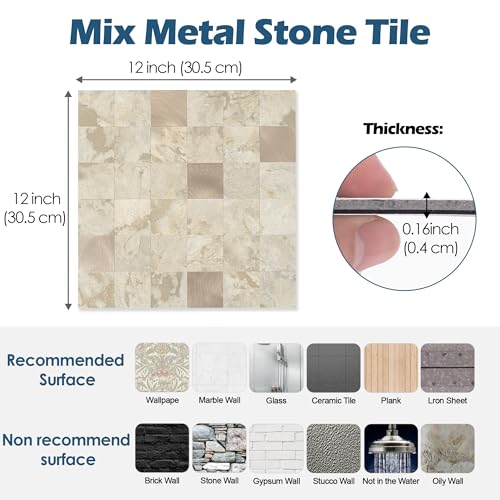 Yipscazo 10 Sheet Peel and Stick Backsplash Mosaic Tiles Stainless Steel Metal Kitchen Backsplash Stick on Tiles for Stove, Bathroom, Laundry in Ecru Stone (11.8'' x 11.8'') - color: Stone Beige