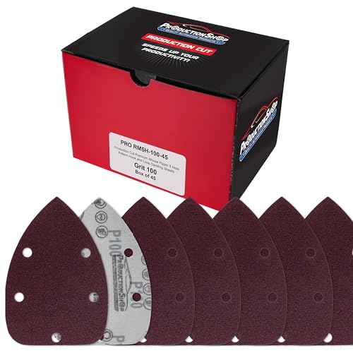 ProductionShop Premium 100 Grit 5-Hole Pattern Mouse Detail Sander Sandpaper Sheets, Box of 45 - Dustless Hook & Loop Triangle Shaped Mouse Disc Pads - Woodworking Tool Sand Wood Furniture Auto Paint - style: 100 Grit