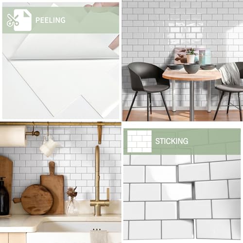 10-Sheet Thick Peel and Stick Kitchen Backsplash Tiles - color: White Gray Grout