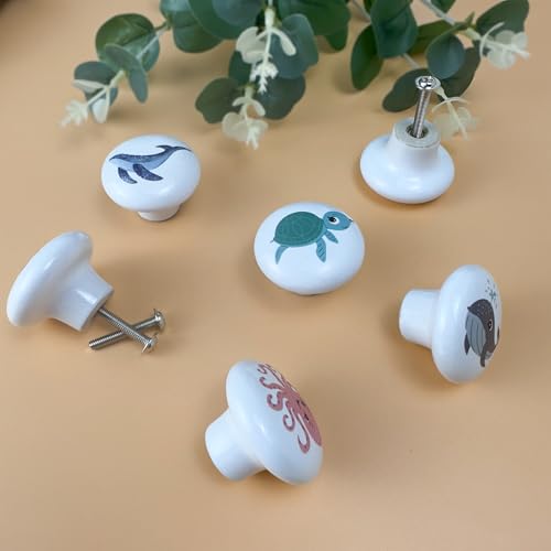 Set of 6 Ceramic Coastal Beach Starfish Themed Cabinet Dresser Knobs and Drawer Pulls Octopus Door Handle 1.5 X 1.5 Inches - size: whale