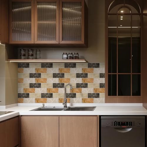10 Sheets Backsplash for Kitchen Wall Peel and Stick 12"X12" Adhesive Back Splash Tile Flat Vinyl Sticker on Renter Friendly for Bathroom Brown Marble 2-6 (Not 3D Tile) - color: Light Brown Marble