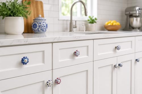 JGARTS Set of 25 Hand Painted Ceramic Cabinet Knobs Blue and White Decorative Drawer Pulls for Dresser, Kitchen Cabinets, Wardrobe, Cupboard, Furniture & Home Decor