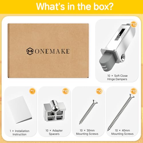 Onemake 10 Pack Soft Close Motion Damper, Smooth Slow Closing, Hydraulic Cabinet Buffer Adapter, Replacement Hardware, Hidden Concealed Mechanism for Face Frame/Frameless/Compact Hinges, 55N