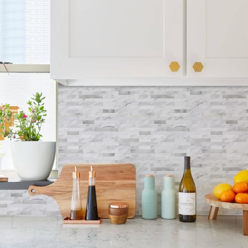 STICKGOO Peel and Stick Backsplash, PVC Wall Tiles Stick on Backsplash for Kitchen(10 Sheets, White Marble with Metal Silver) - color: White Marble with Metal Silver