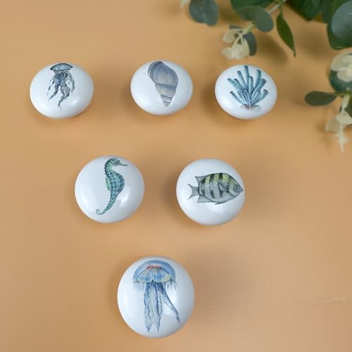 Set of 6 Ceramic Unique Fun Fish Coastal Beach Themed Cabinet Dresser Knobs Drawer Pulls Octopus Door Handle 1.5 X 1.5 Inches - size: coral