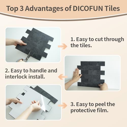 DICOFUN 1 Sheet Black Slate Thick PVC Peel and Stick Backsplash Wall Tiles, 12"x12" Self Adhesive Subway Tile for Kitchen and Bathroom Backsplash - color: Black Slate, size: 1 Sheet, 12"x12"x0.12"