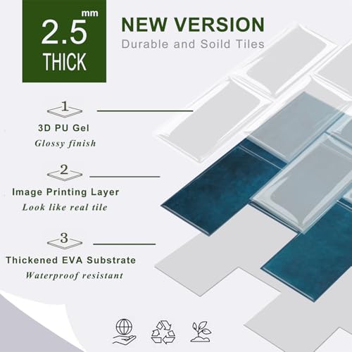 STICKGOO 10-Sheet Subway Tile Peel and Stick Backsplash, Self Adhesive Vinyl Wall Tiles, Stick on Backsplash for Kitchen and Bathroom(Thicker Design) - color: Ocean Blue