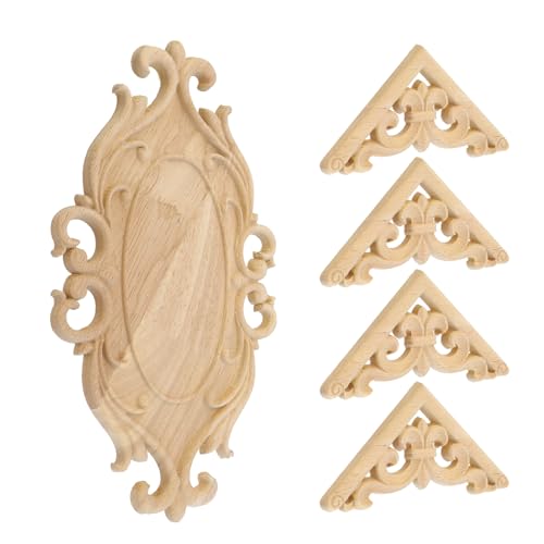 Antrader 10.24x5.51in Wood Carved Onlay Applique with 4Pcs Cornered Decals - style: Style 3 with Cornered Decals