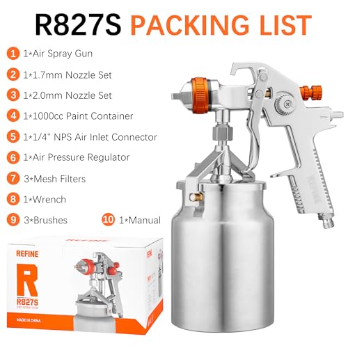REFINE HVLP Siphon Spray Gun 1.7/2.0mm 1000cc Aluminum Cup with Regulator