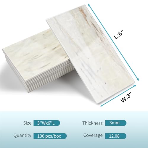 Vamos Tile 100-Piece Glossy Wooden Marble Grain Peel and Stick Backsplash Tile,3''x6'' PVC Subway Tile with White Grout, Stick on Backsplash for Kitchen/Bathroom/Fireplace - color: Wooden Marble Grain