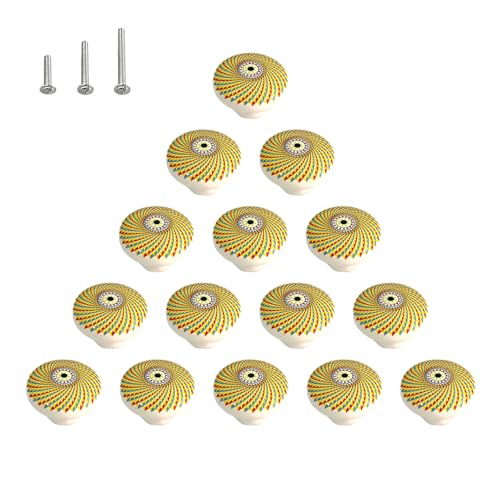 HUAMULAN Ceramic Knobs Boho Cabinet Pulls Drawer Door Handles 15 Pack - color: Yellow Geometric