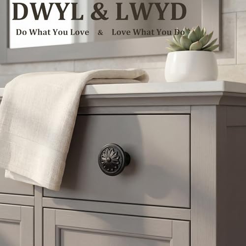 DWYL & LWYD 10 Pack Black Cabinet Knobs,Heavy Duty Zinc Alloy Flower Pattern,1-2/5"Dia Round Matte Black Kitchen Cabinet Knobs Handles for Cabinets and Drawers Drawer Pulls - color: Black