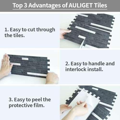 AULIGET 20 Sheets Black Slate Peel and Stick Backsplash, PVC Mixed Metal Silver Wall Tile Stick on Backsplash for Kitchen and Bathroom - color: Black Slate + Metal Silver, size: 20 Sheets, 6"x12"x0.12"