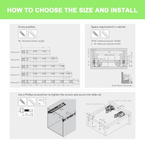 Hitess 1 Pair 12 Inch Undermount Soft Close Drawer Slides Full Extension - size: 12 Inch-1 Pair