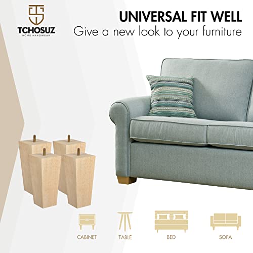 5 Inch / 12cm Wooden Furniture Legs, Set of 4 Solid Wood Mid-Century Modern Pyramid Replacement Feet, Square Sofa Legs with 5/16" Bolts & Anti-Slip Pads for Ottoman Table Dresser Unfinished - color: Unfinished, size: 5"/12cm
