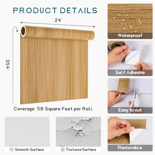 VEELIKE Thick Natural Wood Contact Paper Wood Grain Contact Paper for Countertops Cabinets Table Wide 24''x354'' Peel and Stick Countertops Wooden Vinyl Wrap Counter Top Covering for Kitchen Bathroom - size: 24" x 354"