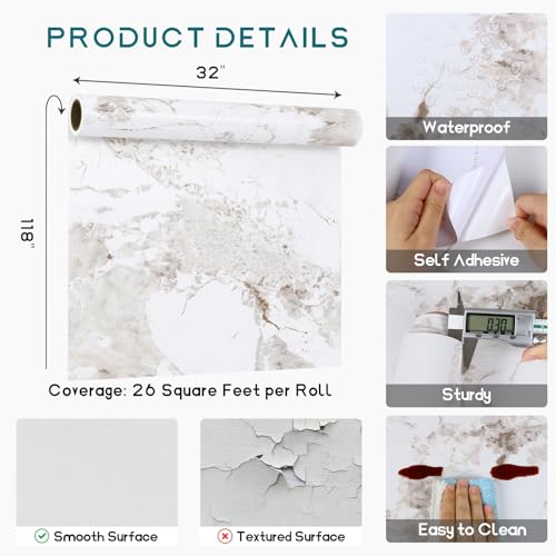 VEELIKE Matte White Marble Contact Paper for Countertops Peel and Stick Kitchen Countertop Contact Paper 118''x32'' Wide Marble Wallpaper Peel and Stick Removable Countertop Paper for Bathroom Desk - size: 32" x 118"