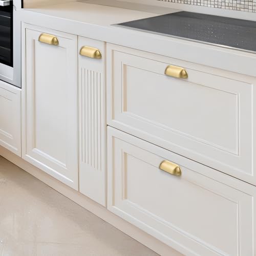 SALISENG-Brushed Matt Gold Cup Kitchen Drawer Pulls 2 Pack, 2-1/2 Inch Small Solid Brass Knobs for Cabinet Cupboard Wardrobe, Flat Dresser Vanity Door Handles, Brass Furniture Hardware Pull - color: Brushed Brass, style: 2 Pack