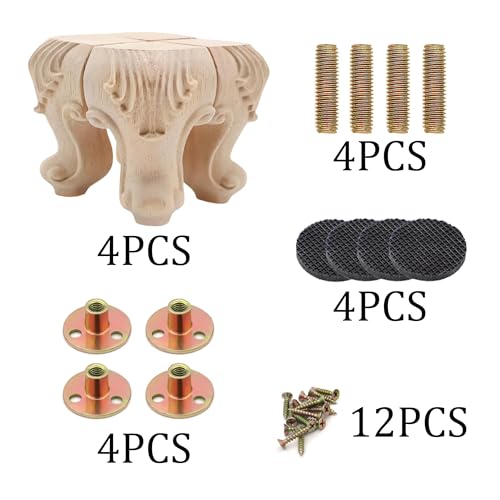 4Pack Solid Unfinished Wood Furniture Legs European Style Carving Replacement Feet for Sofa Cabinet Wardrobe Loveseat Couch Ottoman Coffee Table 10cm 4inch Height - color: C