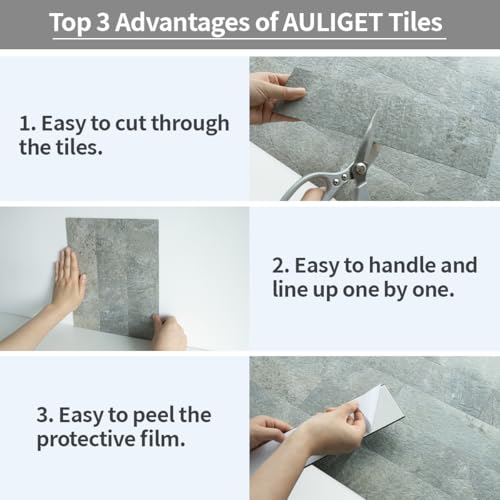 AULIGET 4-Piece Mountain Rock Peel and Stick Backsplash Wall Tiles, 3" x 12" PVC Faux Stone Stick on Tiles for Backsplash Kitchen, Bathroom, Laundry Room, Camper, Fireplace - color: Mountain Rock, size: 4 Pieces, 3"x12"x0.12"