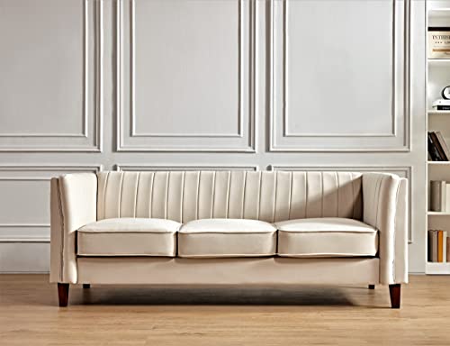 Container Furniture Modern Luxury Velvet Couch for Living Room with High Density Foam, Soft Fabric Upholstery, Removable Cushions and Solid Wood Legs, 83'' Wide 3 Seater Sofa, Beige - color: Khaki, size: Sofa