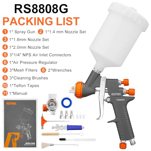 REFINE HVLP Air Spray Paint Gun Kit 1.4/1.8/2.0mm Nozzle & Air Regulator