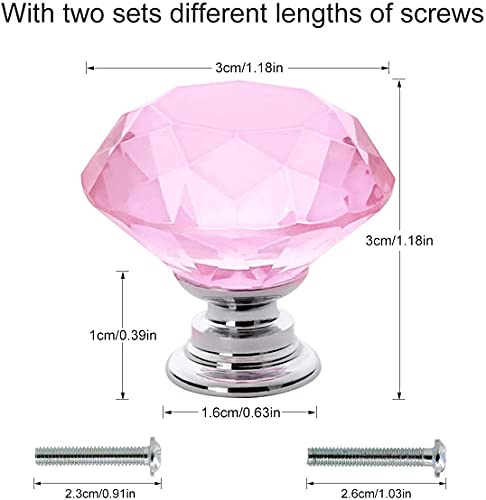 Akstore 6 Pcs Crystal Glass Cabinet Knobs 30mm Diamond Shape Drawer Kitchen Cabinets Dresser Cupboard Wardrobe Pulls Handles (30mm, Pink) - color: Pink, size: 30 mm