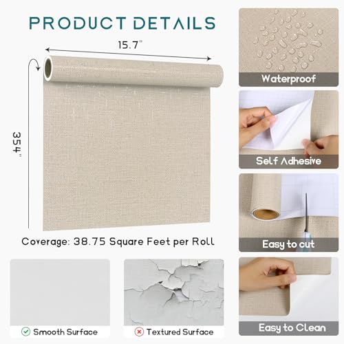 VEELIKE Beige Grasscloth Peel and Stick Wallpaper Textured Grass Woven Wallpaper 15.7''x354'' Prepasted Faux Grasscloth Wallpaper Removable Renter Friendly Beige Contact Paper for Bedroom Bathroom - size: 15.7" x 354"