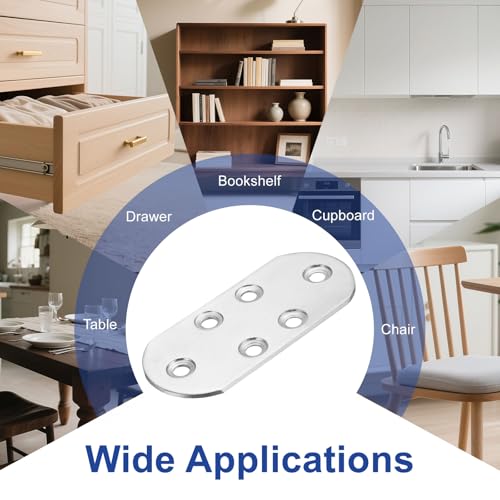 HARFINGTON 4pcs Straight Bracket 3.3" x 1.5" Stainless Steel Flat Fixing Brackets Mending Plate Corner Brace Connector with 24 Screws for Wood Board Bed Frame Furniture Shelves, Silver - size: 3.3" x 1.5"