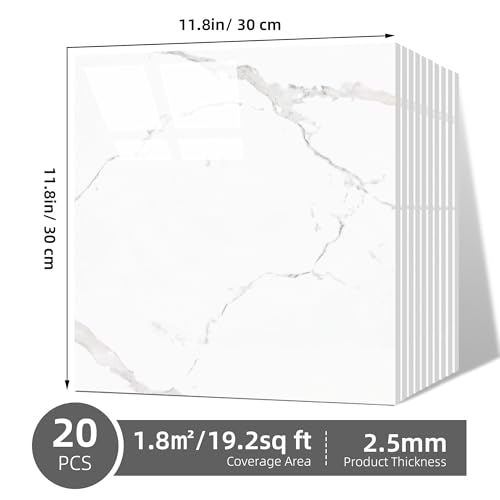 Peel and Stick Marble Wall Panels 11.8x11.8in Waterproof 20 Pack - color: White, size: 20 Pack