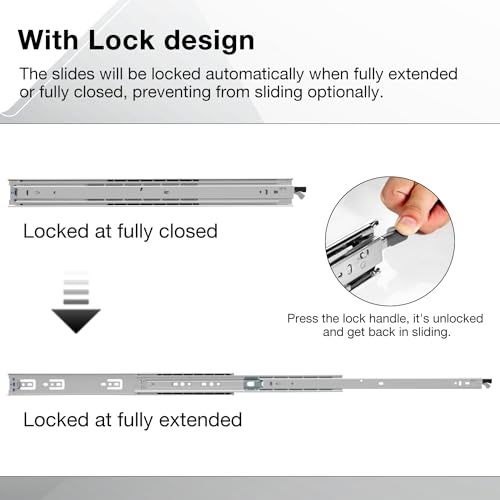 Heavy Duty Locking Drawer Slides Load 136 lbs Full Extension Runners with Lock 12 14 16 18 20 22 24 26 28 30 32 34 36 38 40 Inch Side Mount Rails for Drawer Capacity 136 lb 1 Pair - size: 22 Inch, style: With lock