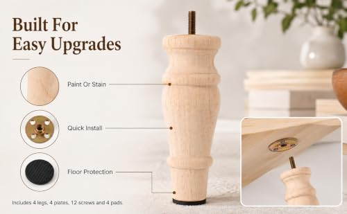 5.9 Inch Wooden Furniture Bun Feet Set of 4, Unfinished Rubber Wood Replacement Furniture Legs, M8 Thread, with Mounting Plates Screws Floor Pads for Couch Chair Ottoman Cabinet