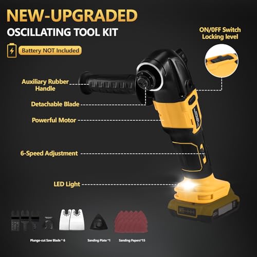 Cordless Oscillating Tool, Brushless Orbiting Tool Compatible with DeWalt 20V Battery, 23 PCS Multi-Tool Kit with Auxiliary Handle for Cutting, Scraping, Sanding, 6 Variable Speed (Tools Only)